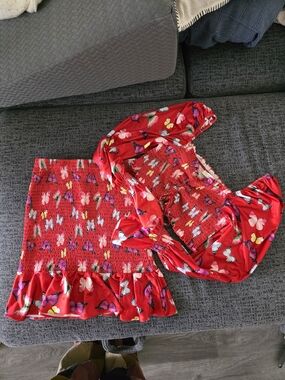 Red Butterfly Smocked Two Piece Date Night Festival Outfit Mini Skirt Size S